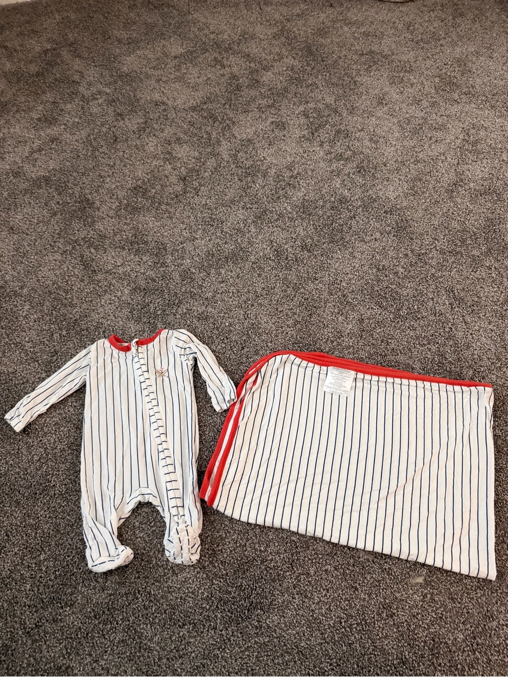 Angel Dear Striped White and Navy Baby Baseball Pajamas with Matching Blanket